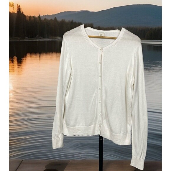 A New Day Sweater Cardigan Long Sleeve Button Up White Cotton Large Twee Classic - Picture 1 of 4